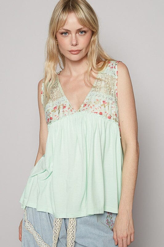 POL Lace Detail Frill Floral V-Neck Sleeveless Top - Sydney So Sweet