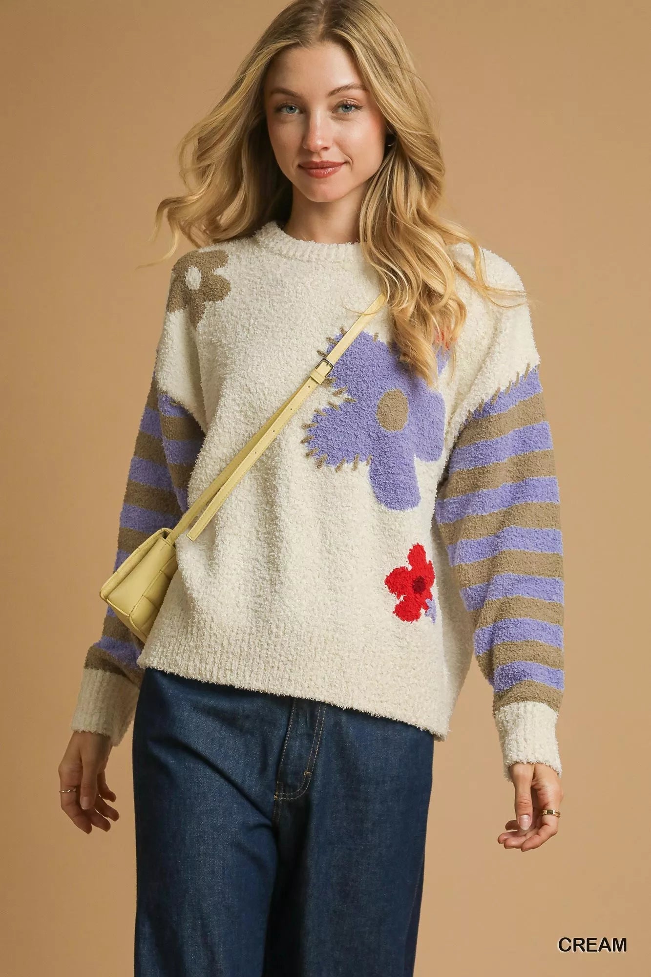 Umgee Flower Jacquard Striped Long Sleeve Sweater - Sydney So Sweet