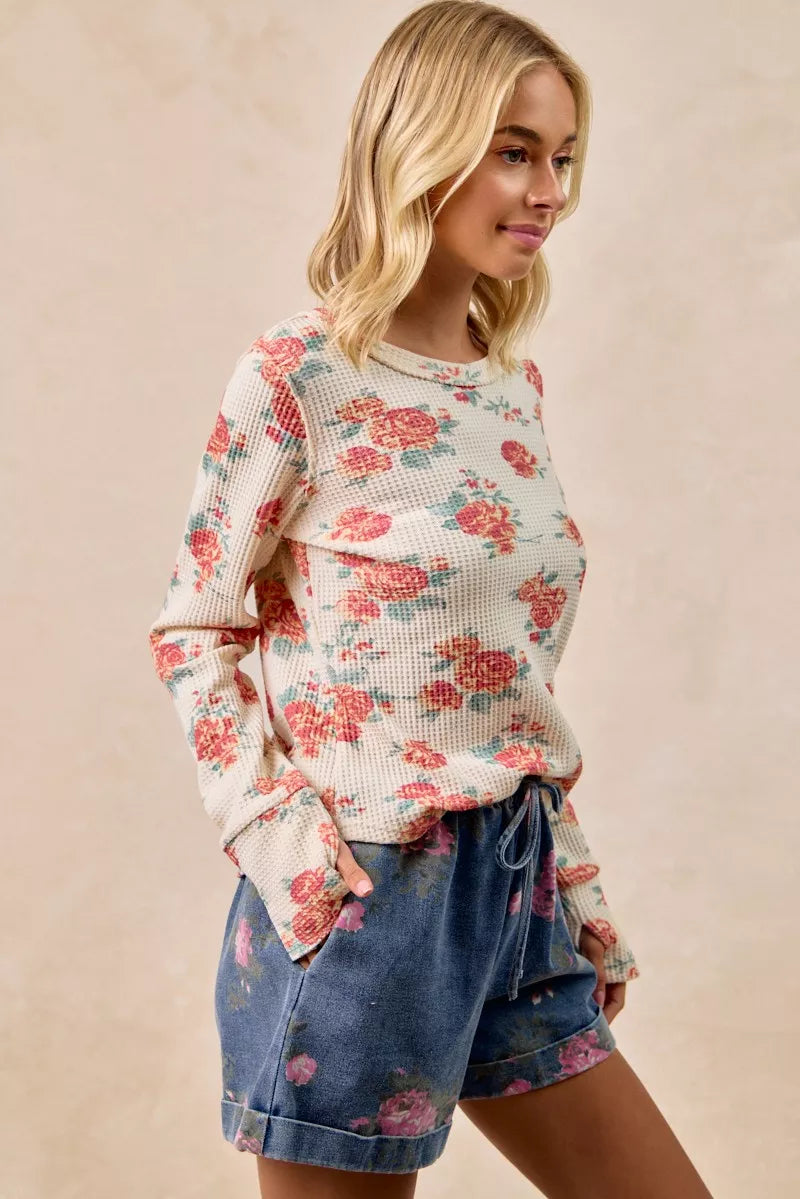BiBi Floral Print Washed Waffle Thermal Top With Thumb - Sydney So Sweet