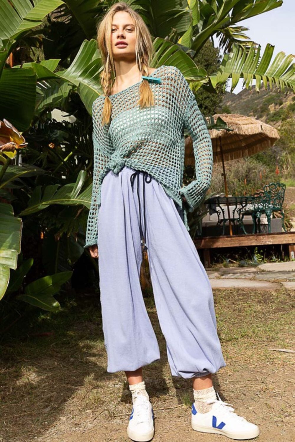 POL Side Slit Openwork Long Sleeve Knit Cover Up - Sydney So Sweet