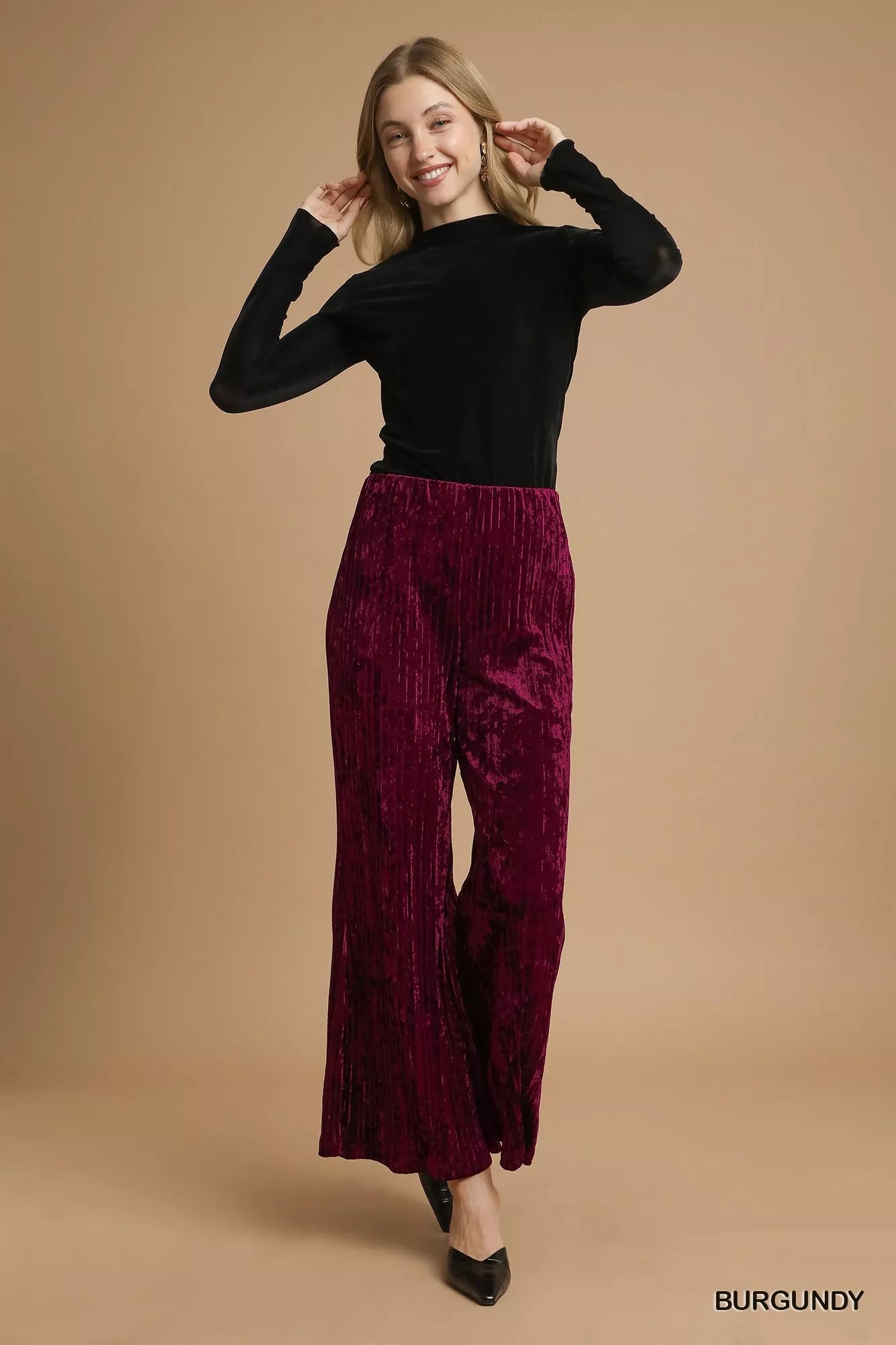 Umgee Velvet Pleated Wide Leg Pants - Sydney So Sweet