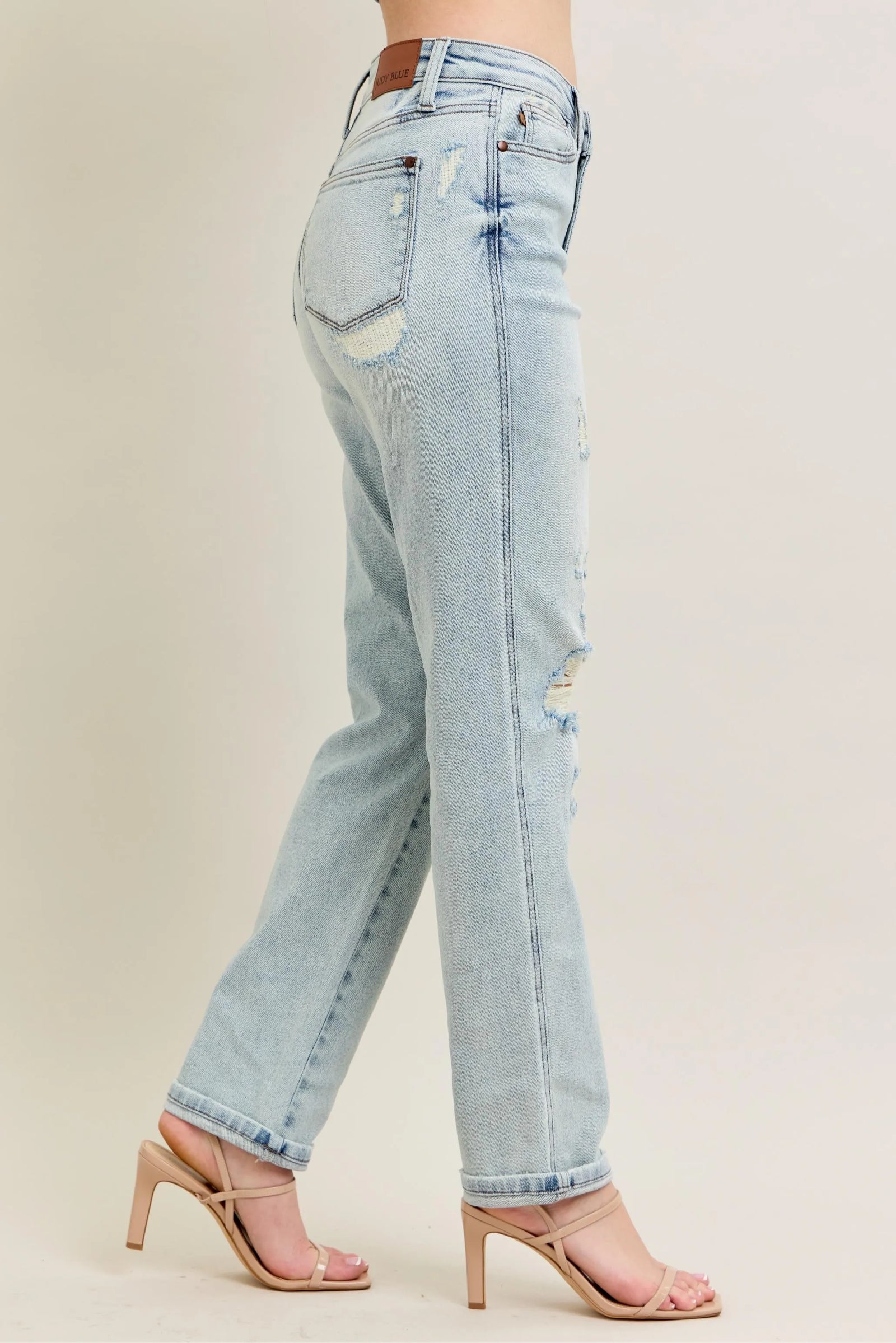 Judy Blue Full Size Mr Repair Stitch Detail Destroy Single Cuff Bf Jeans Plus Size - Sydney So Sweet