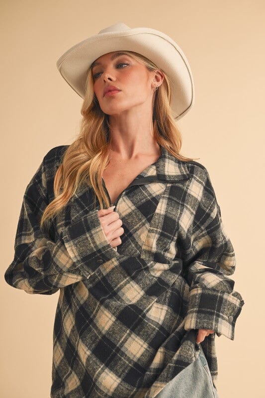 Aemi + Co Slit Plaid Half Zip Drop Shoulder Top - Sydney So Sweet