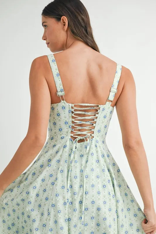 MABLE Floral Print Bustier Back Lace Up Midi Dress - Sydney So Sweet