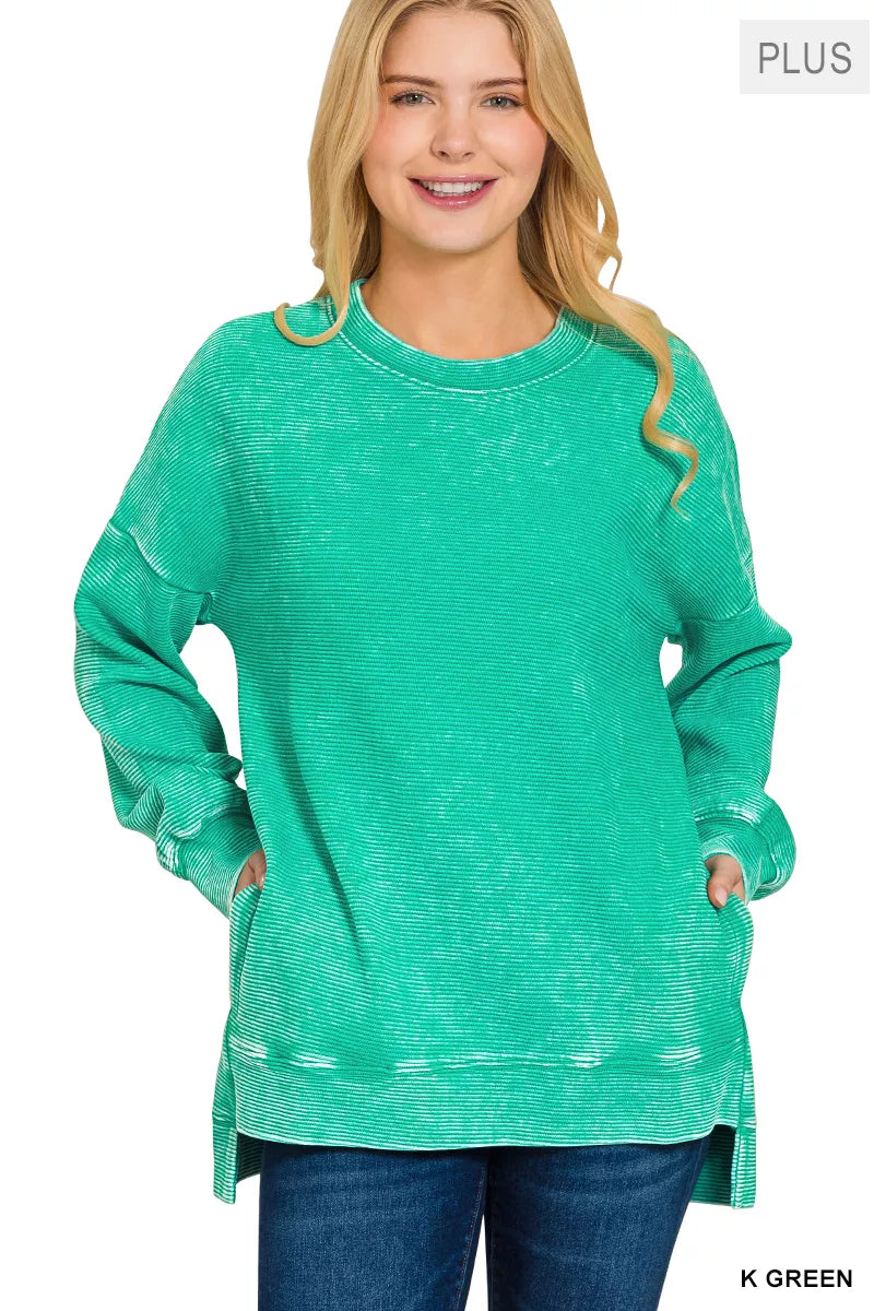 Zenana Full Size Acid Washed Double Ribbed Hi-low Sweatshirt Plus Size - Sydney So Sweet