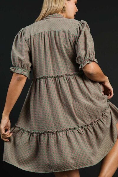 Umgee Full Size Plaid Frill Button Detail Ruffled Short Sleeve Dress Plus Size - Sydney So Sweet