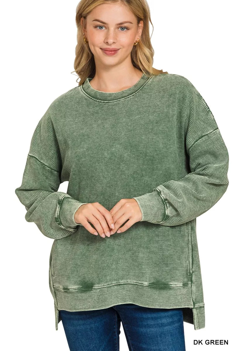 Zenana Full Size Acid Washed Double Ribbed Hi-low Sweatshirt Plus Size - Sydney So Sweet