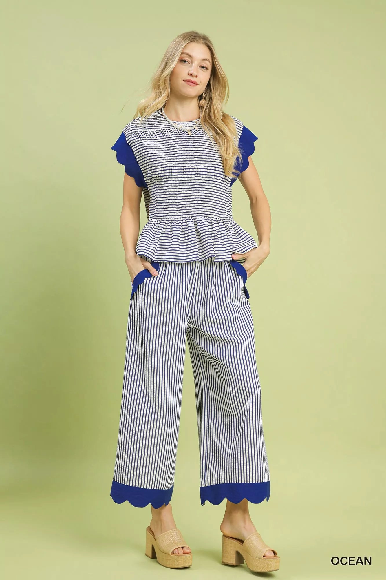 Umgee Stripe Scallop Hem Wide Leg Pants - Sydney So Sweet