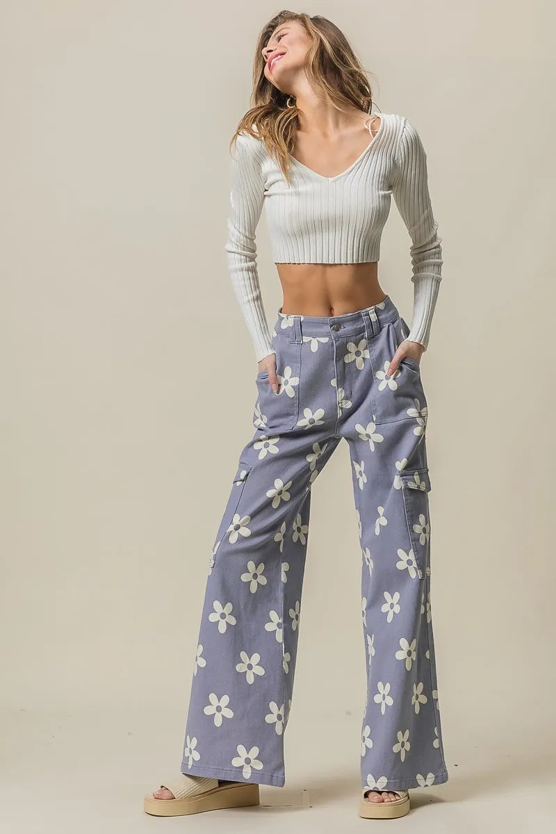 BiBi Flower Printed Side Pocket Wide Pants - Sydney So Sweet