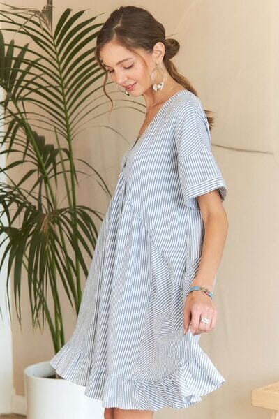 ADORA Ruffled Hem Striped V-Neck Babydoll Dress - Sydney So Sweet