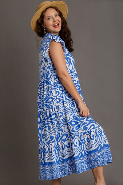 Umgee Full Size Two Tone Border Print Ruffle Cap Sleeve Midi Dress Plus Size - Sydney So Sweet