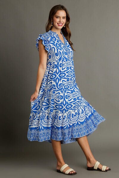 Umgee Full Size Two Tone Border Print Ruffle Cap Sleeve Midi Dress Plus Size - Sydney So Sweet