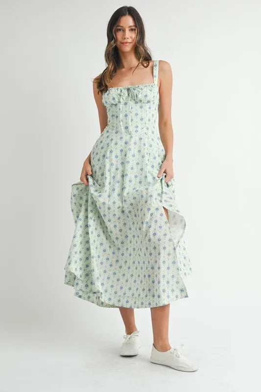 MABLE Floral Print Bustier Back Lace Up Midi Dress - Sydney So Sweet