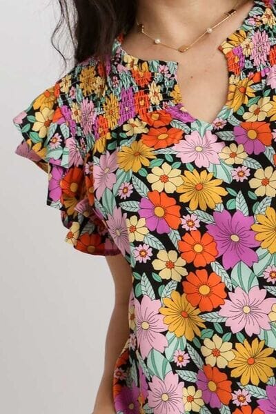 Umgee Full Size Floral Printed Smocked Top Plus Size - Sydney So Sweet
