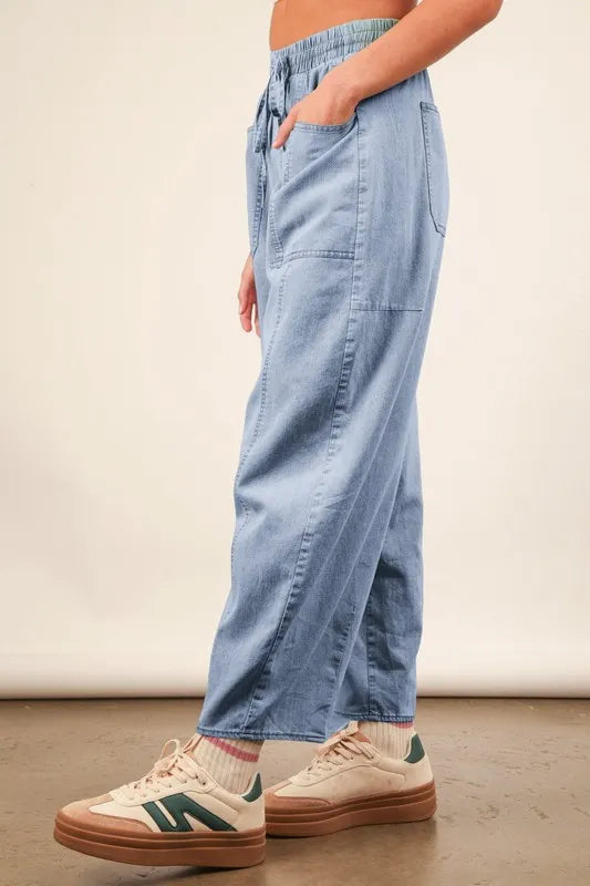 VERY J Washed Chambray Barrel Denim Pants - Sydney So Sweet