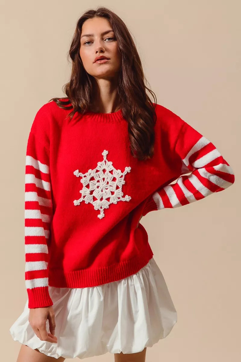 SO ME Christmas Snowflake Crochet Embellished Sweater - Sydney So Sweet