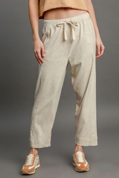 Umgee Full Size Drawstring Elastic Waistband Linen Blend Pants Plus Size - Sydney So Sweet