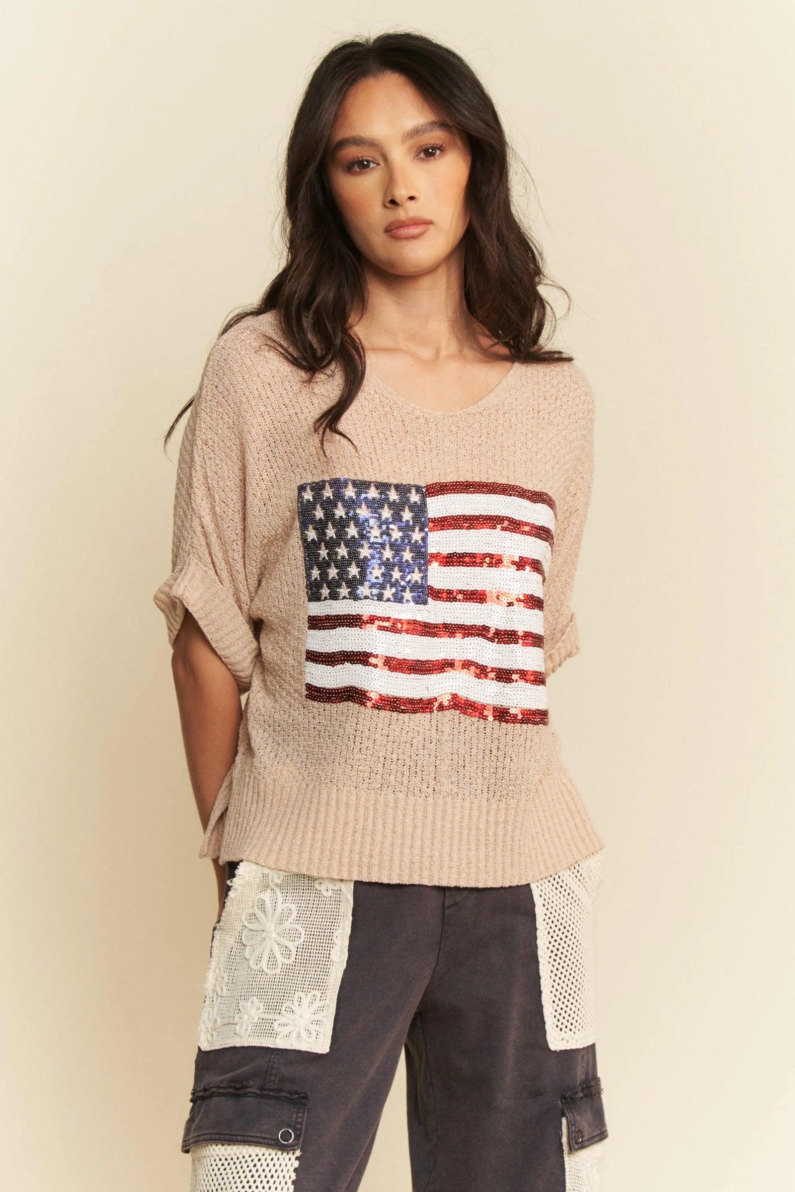Davi & Dani Sequin American Flag Patch Short Sleeve Knit Top - Sydney So Sweet