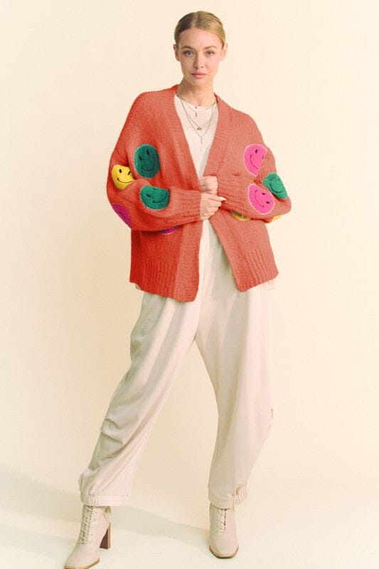 Davi & Dani Fuzzy Smile Open Front Long Sleeve Cardigan - Sydney So Sweet