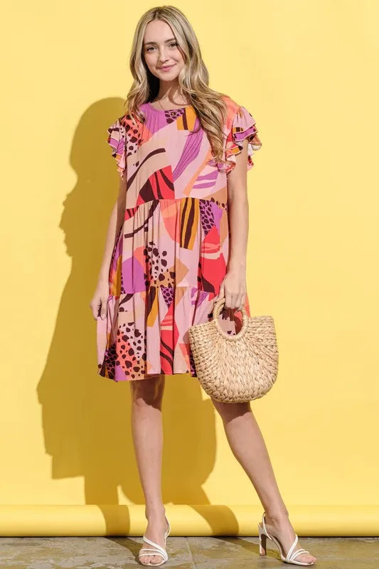 And The Why Printed Double Ruffles Sleeve Dress - Sydney So Sweet