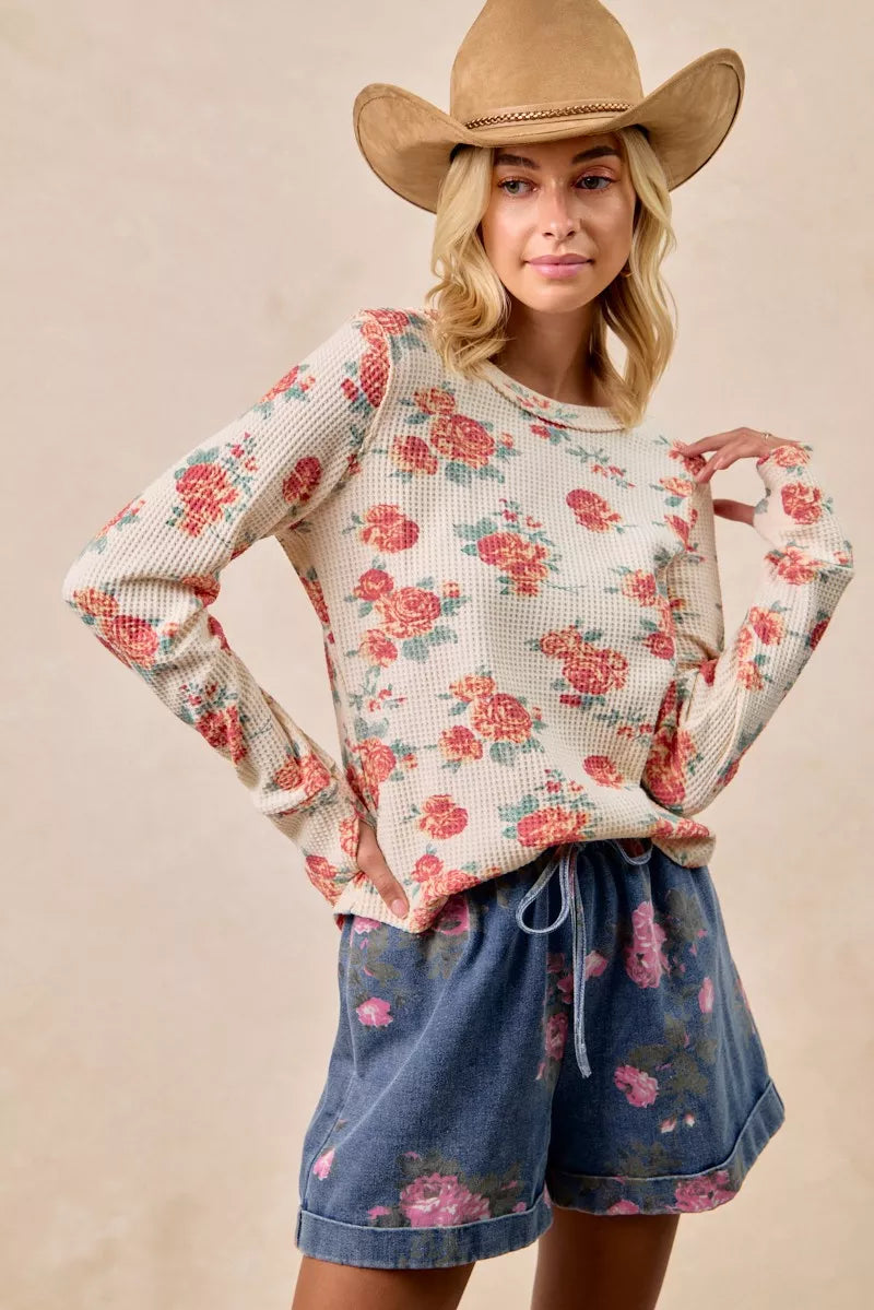 BiBi Floral Print Washed Waffle Thermal Top With Thumb - Sydney So Sweet