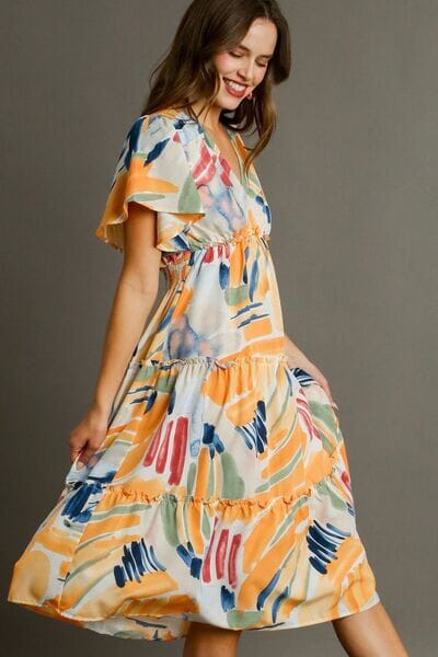 Umgee Full Size Abstract Print Flutter Sleeve Frill Tiered Midi Dress Plus Size - Sydney So Sweet