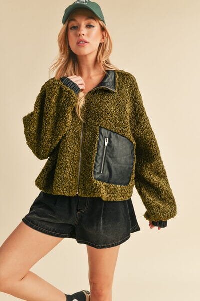 Aemi + Co Collared Neck Zip Up Sherpa Jacket - Sydney So Sweet