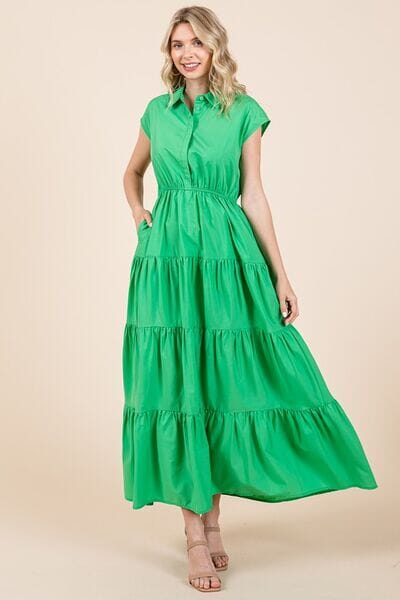 Mittoshop Button Up Collared Tiered Maxi Shirt Dress - Sydney So Sweet