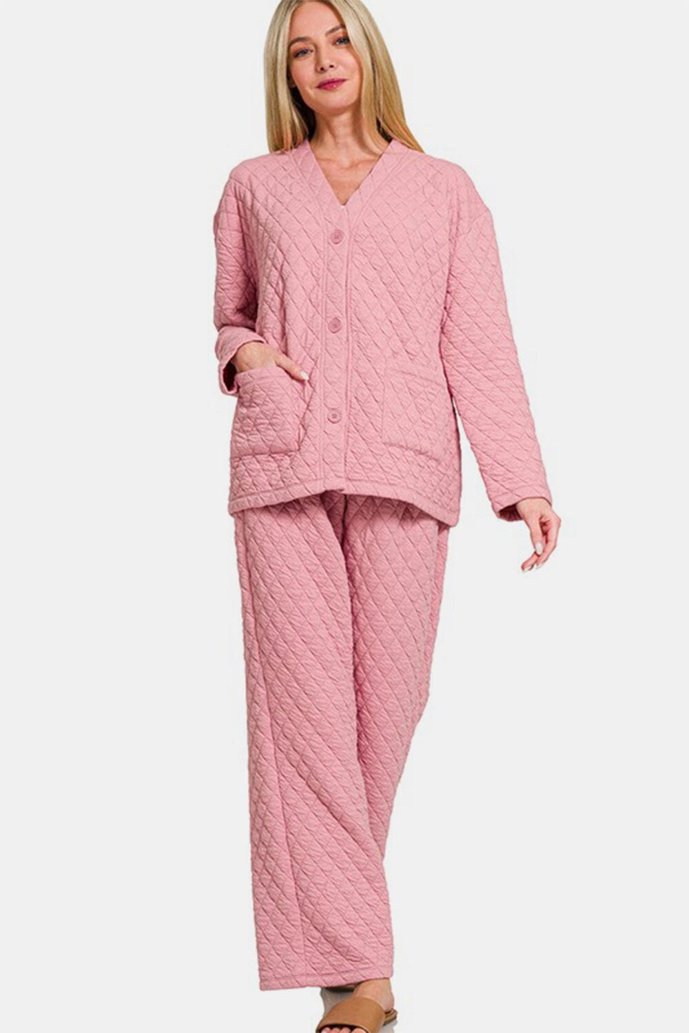 Zenana Quilted Button Up Long Sleeve Top and Pants Lounge Set - Sydney So Sweet