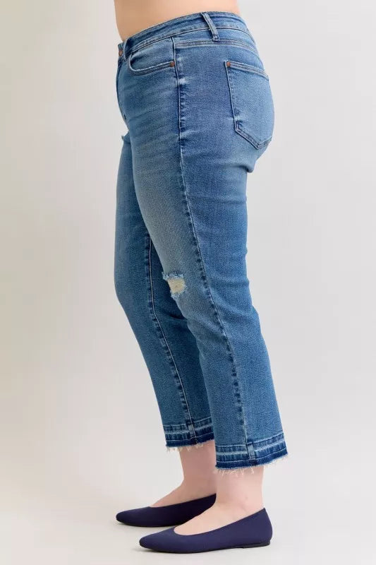 Judy Blue Full Size Mid Rise Bf Patch & Repair Destroy Release Hem Jeans Plus Size - Sydney So Sweet