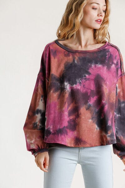 Umgee Full Size Tie Dye Round Neck Long Balloon Sleeve Top Plus Size - Sydney So Sweet