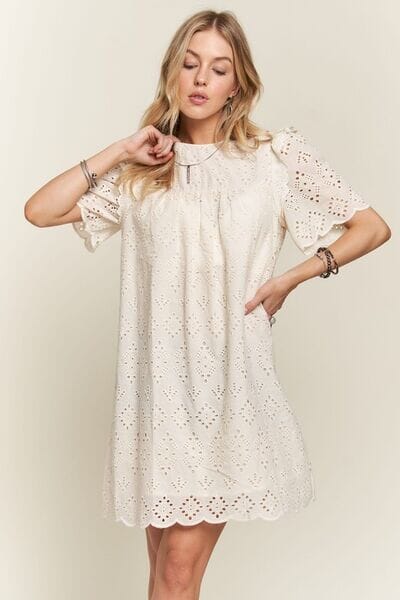 ADORA Ruffled Eyelet Round Neck Dress - Sydney So Sweet