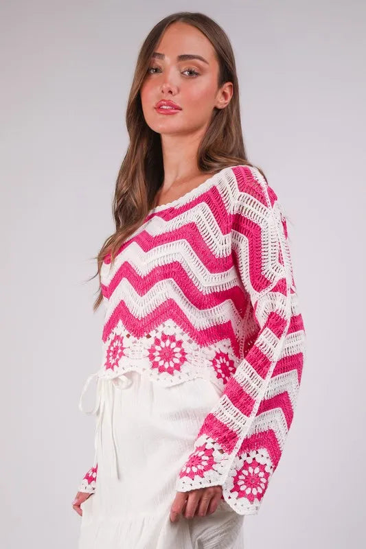 VERY J Chevron/Floral Pattern Crochet Knit Top - Sydney So Sweet