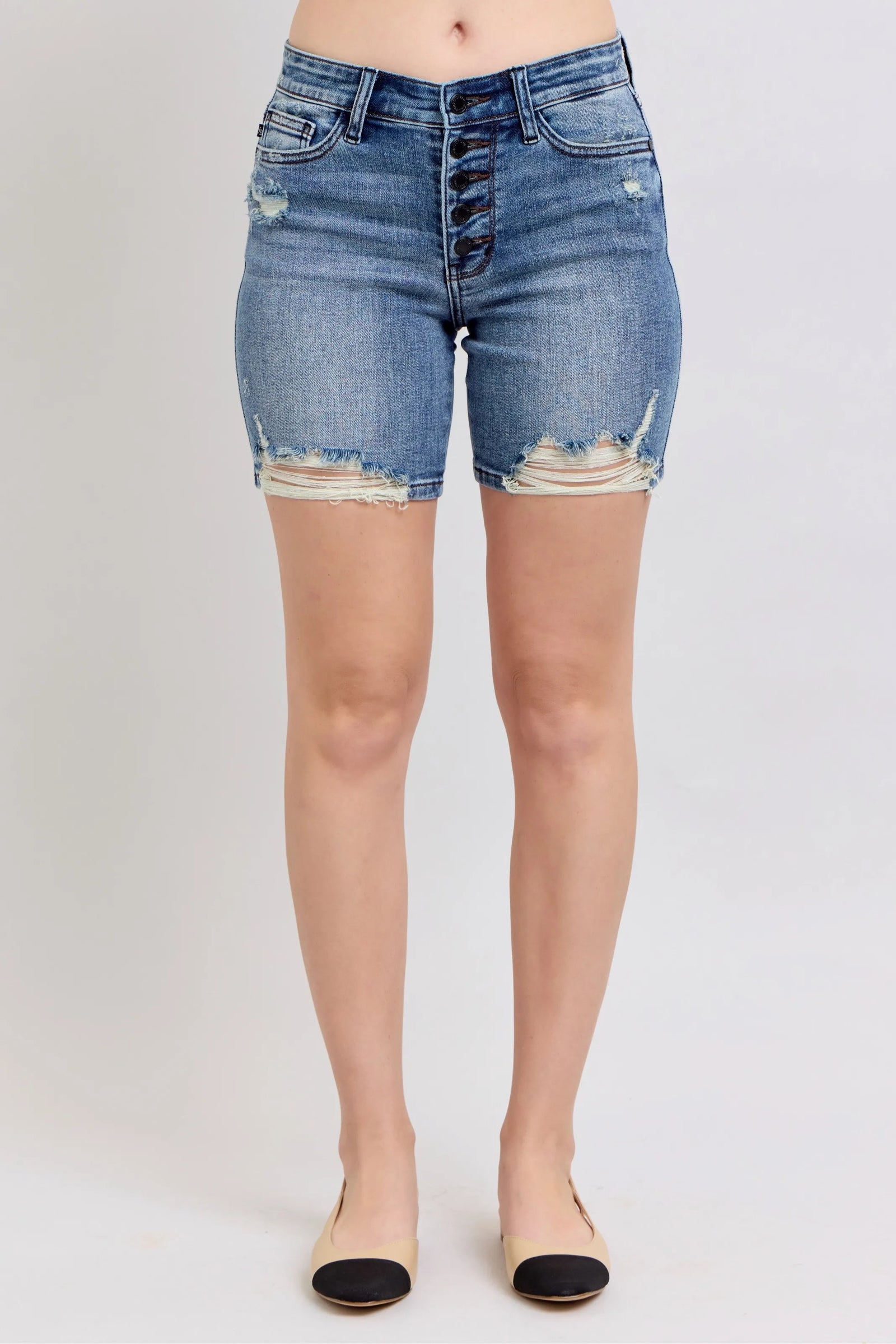 Judy Blue Button Fly Mid Length Denim Shorts W/ Destroy - Sydney So Sweet