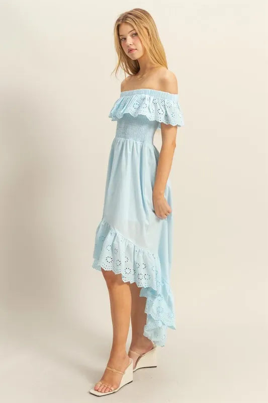 HYFVE High-Low Eyelet Ruffled Off-Shoulder Dress - Sydney So Sweet