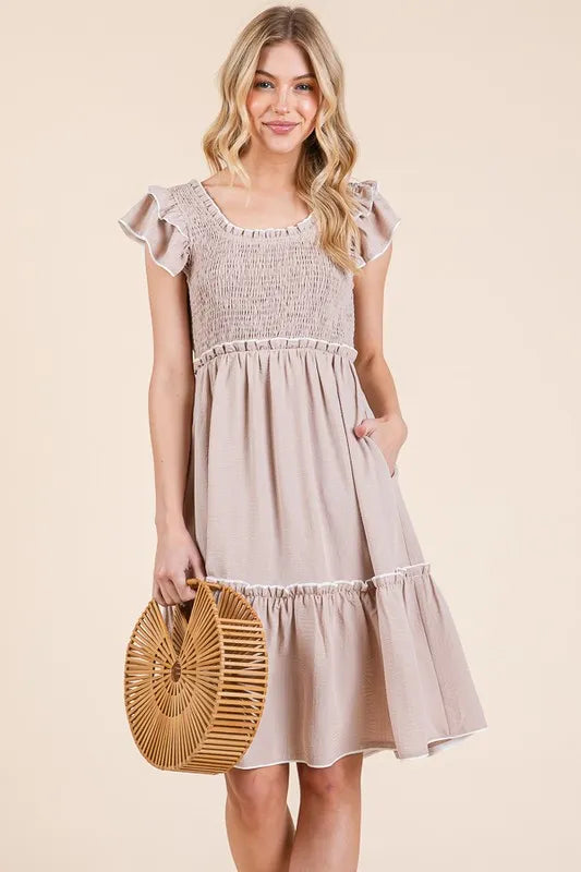 Lime 'N' Chili Ruffle Trim Smocked Dress with Contrast - Sydney So Sweet