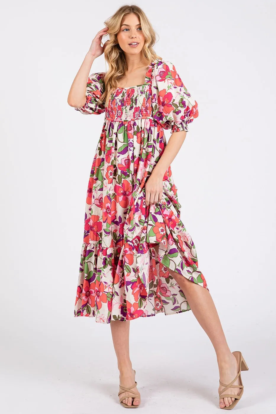 Mittoshop Flower Print Puff Sleeve Ruffle Smocked Midi Dress - Sydney So Sweet