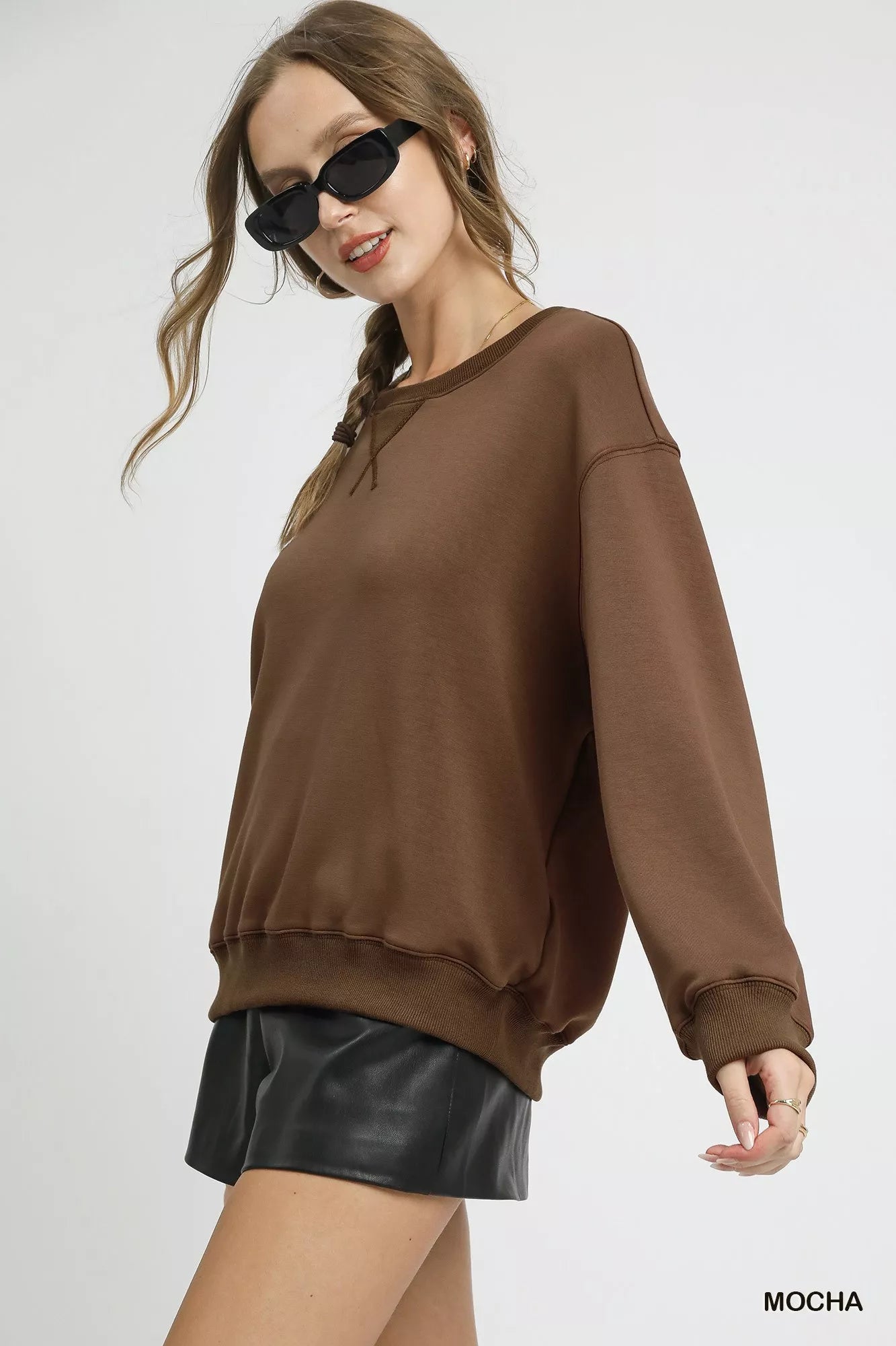 Umgee Round Neck Long Sleeve Fleece Sweatshirt - Sydney So Sweet