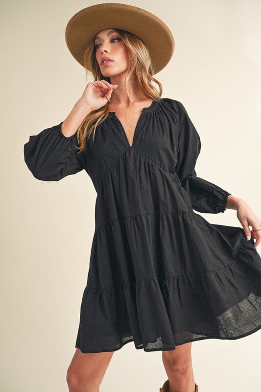 Aemi + Co Notched Balloon Sleeve Tiered Mini Dress - Sydney So Sweet