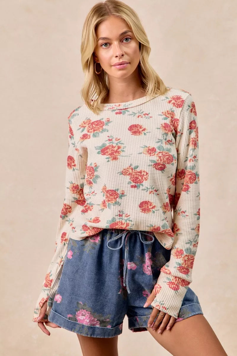 BiBi Floral Print Washed Waffle Thermal Top With Thumb - Sydney So Sweet