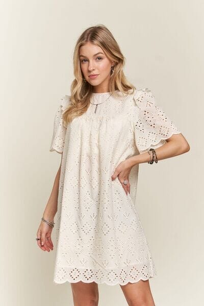 ADORA Ruffled Eyelet Round Neck Dress - Sydney So Sweet