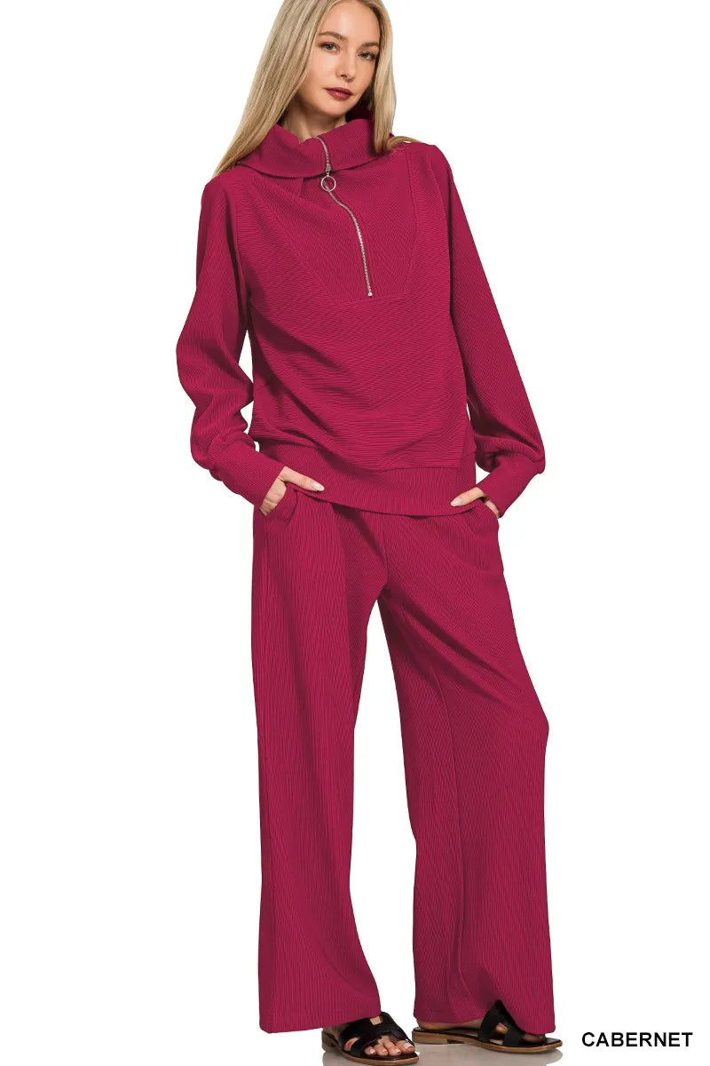 Zenana Ribbed High Neck Half Zip Pullover & Pants Set - Sydney So Sweet