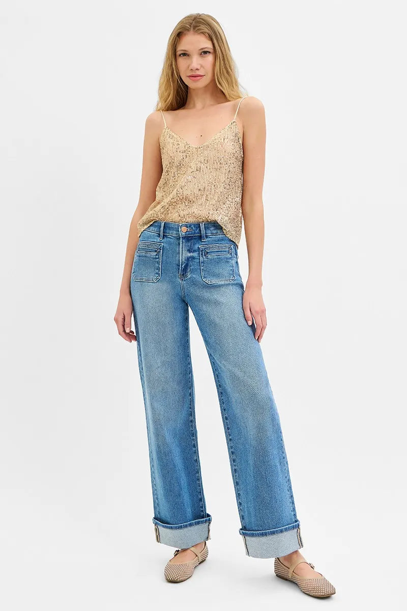 RISEN Full Size Elastic Band Mid Rise Wide Front Patch Pocket Cuff Jeans Plus Size - Sydney So Sweet