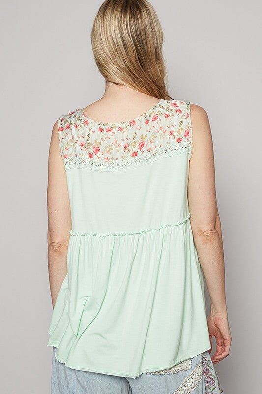 POL Lace Detail Frill Floral V-Neck Sleeveless Top - Sydney So Sweet