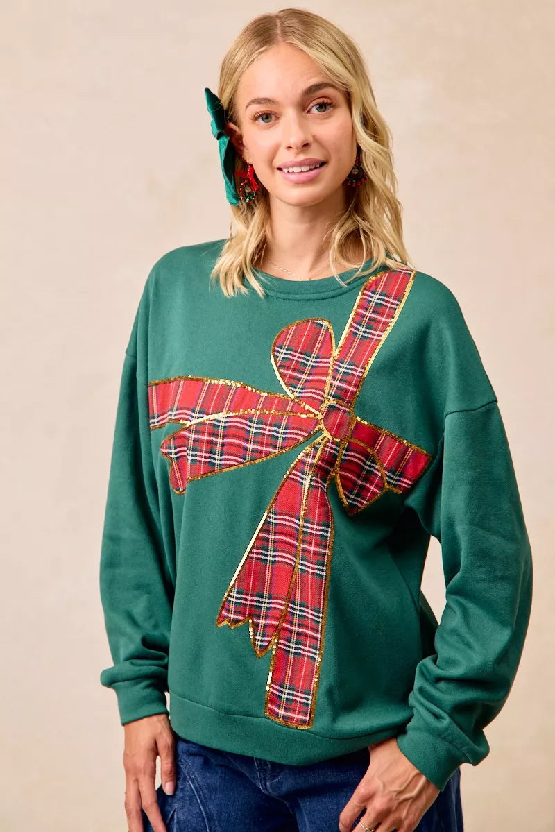 BiBi Plaid Ribbon Bow Detail Christmas Fleece Pullover - Sydney So Sweet