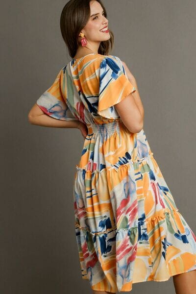 Umgee Full Size Abstract Print Flutter Sleeve Frill Tiered Midi Dress Plus Size - Sydney So Sweet
