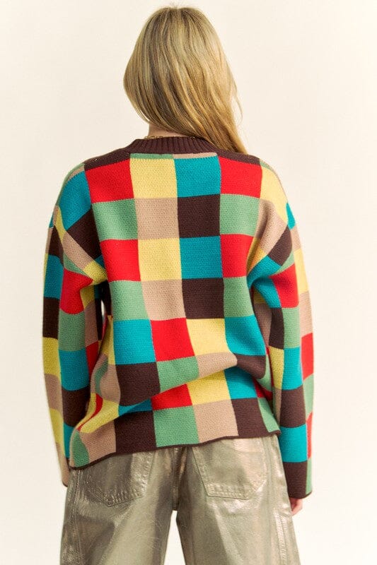Davi & Dani Color Block Checkered Dropped Shoulder Sweater - Sydney So Sweet