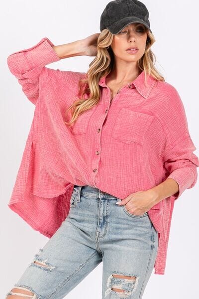 SAGE + FIG Frayed Hem Side Slit Button Down Shirt - Sydney So Sweet