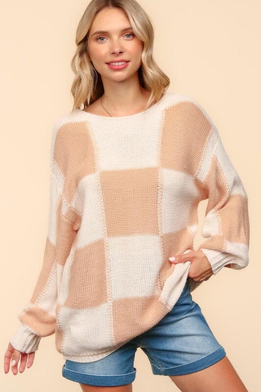 Haptics Full Size Checkered Round Neck Drop Shoulder Sweater - Sydney So Sweet