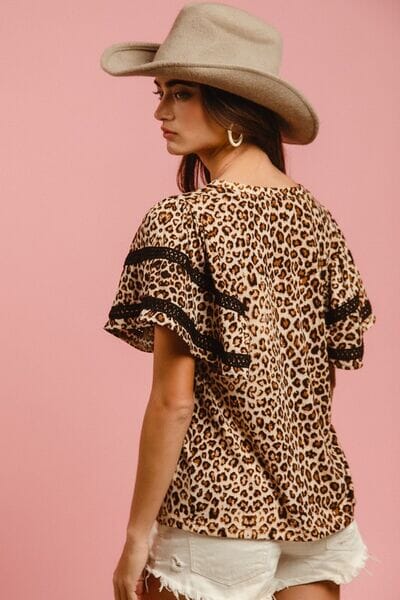 BiBi Leopard Crochet Trim Round Neck Short Sleeve Top - Sydney So Sweet